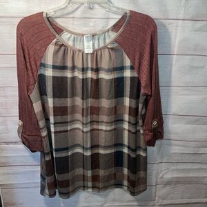 HoneyMe Plaid 3/4 sleeve top Sz S
